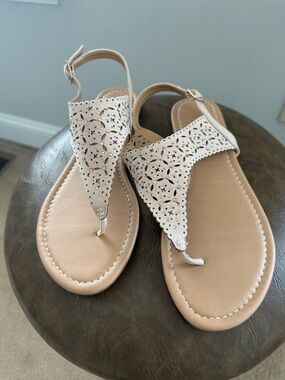 Dream Pairs Women's Laser-Cut T-Strap Sandals in Light Taupe